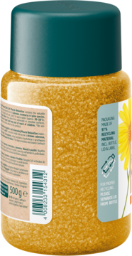 Kneipp Kryształki do kąpieli Muscle Relaxation w przeźroczystej butelce. Tył z etykietą o 97% recyklingu.