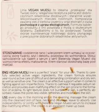 Close-up of Bielenda Vegan Muesli mattifying cream description in Polish and English with oat graphics.