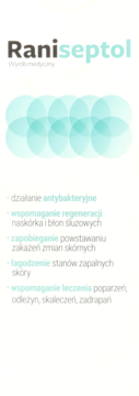 Raniseptol, wyrób medyczny antybakteryjny, na rany i regenerację skóry, białe opakowanie z turkusowym logo.