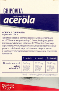 Białe opakowanie Gripovita Acerola suplementu diety, widok z tyłu, z tabelą dawkowania witaminy C.