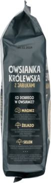 Tylna strona ciemnoszarej torebki Owsianki Królewskiej z Jabłkami, z ikonami magnezu, żelaza, selenu.