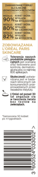 Tył opakowania L'Oréal Expert Age krem pod oczy. Widoczne obietnice marki, wyniki badań i kod kreskowy.