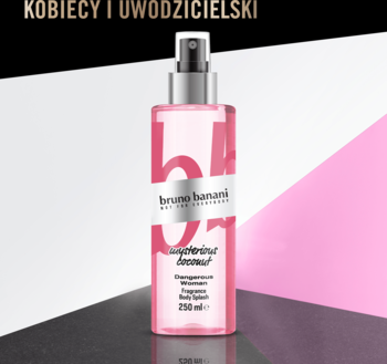 Różowa mgiełka Bruno Banani Dangerous Woman 250ml w butelce, widok z przodu na czarno-białym tle z różem.