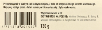Tył opakowania chlebków pszennych sezamowych: kod kreskowy, 130g, instrukcje przechowywania i dane dystrybutora.