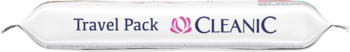 Białe opakowanie chusteczek nawilżanych CLEANIC Travel Pack, widok z przodu, z różowym logo i fioletowym tekstem.