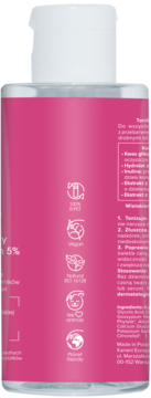 Tylna strona różowego toniku BEAUTY.lab rozświetlającego z kwasem glikolowym 5% i białymi symbolami.