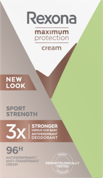Biało-zielone opakowanie Rexona Maximum Protection kremu 96h Sport Strength, z brązowym checkmarkiem, widok z przodu.