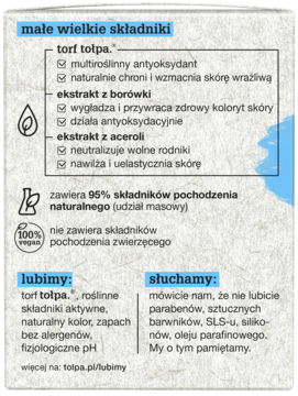 Tył opakowania kosmetyku Tołpa, z sekcją 'małe wielkie składniki' i opisem naturalnych ekstraktów.