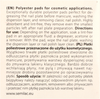 Opis produktu: tekst o poliestrowych płatkach kosmetycznych do paznokci, bezpyłowych, trwałych, w j. polskim i angielskim.