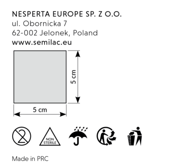 Szary kwadrat 5x5 cm, symbolizujący płatek poliestrowy do manicure, z danymi firmy Semilac i symbolami ostrzegawczymi.