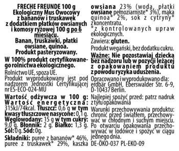 Ekologiczny mus FRECHE FREUNDE banan truskawka, tył etykiety z danymi odżywczymi i składem produktu.