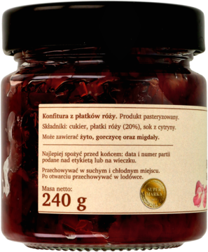 Konfitura z płatków róży w szklanym słoiku 240g, widok z tyłu z etykietą i tekstem o składnikach.