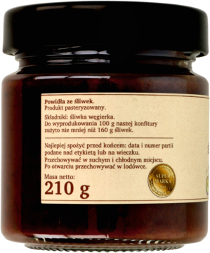 Tył brązowego słoika powideł śliwkowych 210g z beżową etykietą i widocznym tekstem o produkcie i składzie.