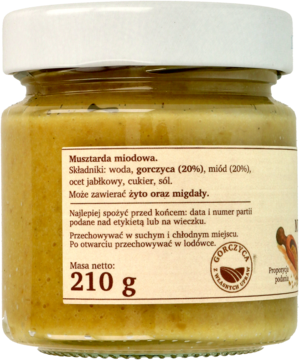Musztarda miodowa Wąsoska 210g w szklanym słoiku, widok z tyłu z etykietą ze składem i wagą.