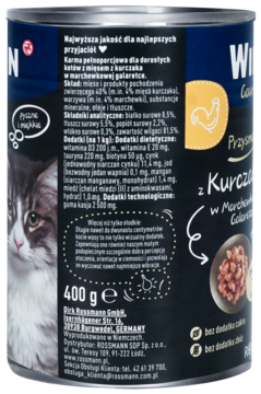 Boczny widok opakowania karmy Winston dla kota z kurczakiem 400g. Widoczny opis składu i producenta.