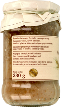Zakwas Żurek w szklanym słoiku 330g, widok z tyłu z czytelną etykietą składników i instrukcjami.