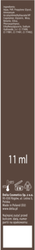 Tył brązowego opakowania stylera do brwi Delia: składniki, pojemność 11 ml, dane producenta, symbole.