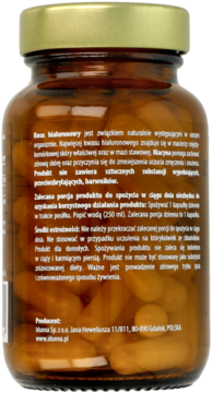Tył brązowej szklanej butelki z kapsułkami kwasu hialuronowego. Widoczna etykieta z polskim opisem.
