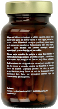 Tył brązowej butelki suplementu z kolagenem i witaminą C, z polską etykietą i widocznymi kapsułkami.