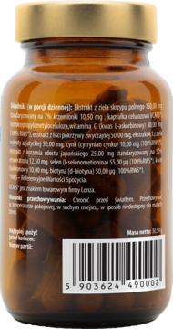Tył bursztynowej szklanej butelki suplementu Krone na włosy, skórę i paznokcie, z etykietą i składnikami po polsku.