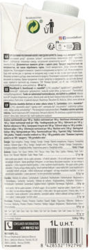 Biały karton napoju migdałowego BIO dla baristy 1L UHT, widok z tyłu z symbolami recyklingu i tekstem.