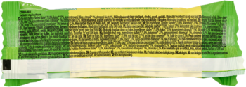 Tył opakowania batonika BIO Lemon&Coconut 50g. Zielono-żółta folia z niewyraźnym tekstem informacyjnym.