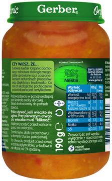 Tył słoiczka Gerber Organic, zielona nakrętka, widoczna zielono-biała etykieta z tabelą odżywczą.