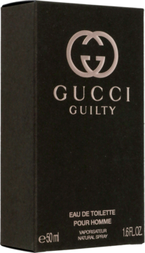 Czarne pudełko perfum Gucci Guilty EDT dla mężczyzn, z srebrnym logo GG, stojące pod kątem.