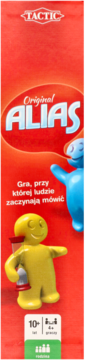 Czerwone pudełko gry Original Alias z uśmiechniętą żółtą figurką i klepsydrą, widok z przodu.