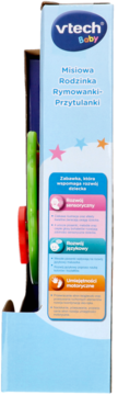 Bok opakowania Vtech Baby Misiowa Rodzinka Rymowanki-Przytulanki z opisem funkcji i zielonym elementem zabawki.