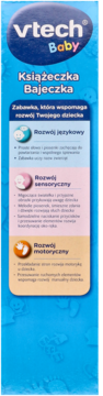 Vtech Baby Książeczka Bajeczka, edukacyjna zabawka, niebieskie opakowanie z opisami rozwoju.