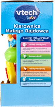 Niebieskie pudełko VTech Baby Kierownica Małego Rajdowca, widok boczny, z opisem wspierania rozwoju dziecka.