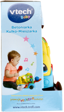 Vtech Baby Betoniarka Kulko-Mieszarka zabawka, widok opakowania z dzieckiem i fragmentem kolorowej betoniarki.
