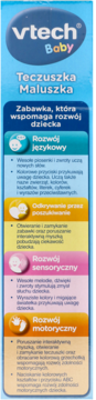 Pionowe opakowanie zabawki VTech Baby Teczuszka Maluszka, niebieskie tło, białe bloki z opisem cech.