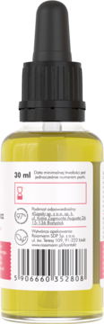 Tył żółtej butelki serum do włosów niskoporowatych 30 ml z czarną pipetą, widoczny kod kreskowy.