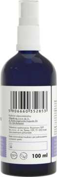 Tył ciemnoniebieskiej butelki z naturalnym hydrolatem lawendowym 100 ml, z białym sprayem i kodem kreskowym.