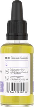Tył serum do twarzy do cery mieszanej 30ml, żółty płyn, etykieta z kodem kreskowym i czarnym zakraplaczem.