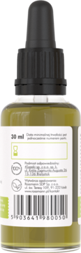 Tył szklanej butelki serum do cery problematycznej 30ml z czarnym aplikatorem i etykietą z danymi.