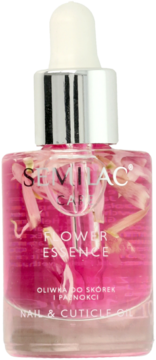 SEMILAC CARE Flower Essence Nail & Cuticle Oil, szklana butelka z różowym płynem i różowymi kwiatami, widok z przodu.