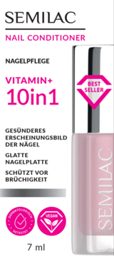 Odżywka Semilac Vitamin+ 10in1 w szklanej, jasnoróżowej butelce 7ml z napisem Best Seller, widok z przodu.