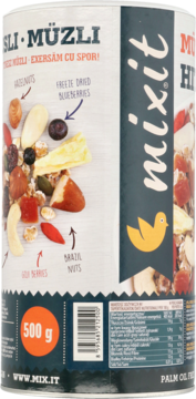 Wegańskie musli mixit 500g, opakowanie z orzechami i suszonymi owocami, bez oleju palmowego, widok z przodu.