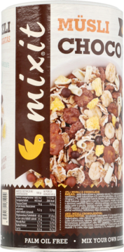 Front view of nixit MÜSLI CHOCO in a tall white can, displaying chocolate muesli with nuts and fruit.