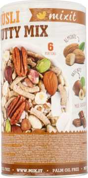 Müsli Mixit Nutty Mix w cylindrycznym opakowaniu, z orzechami pekan, migdałami, pistacjami i czekoladą mleczną.