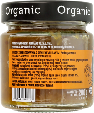 Tył słoika dżemu Organic brzoskwiniowego z siemieniem lnianym, z etykietą pokazującą składniki i wagę 200g.