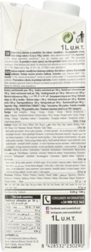 Tył białego kartonu organicznego wegańskiego napoju kokosowo-migdałowego 1L, z listą składników.