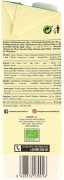 Tył beżowego kartonu napoju migdałowego BIO z tabelą wartości odżywczych i zielonym logo BIO.