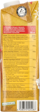 Tył żółtego kartonu napoju Natumi z kaszy jaglanej, widoczne szczegółowe wartości odżywcze i kod kreskowy.