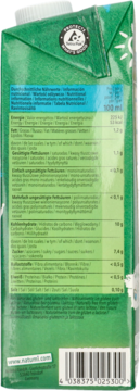 Tył zielonego kartonu Natumi napój ryżowo-kokosowy, 1L, z tabelą wartości odżywczych i kodem kreskowym.