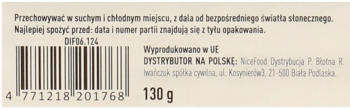 Tył beżowego opakowania produktu spożywczego: widoczny kod kreskowy z numerem 4771218201768 oraz waga 130g.