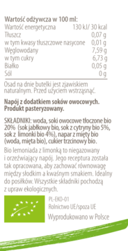Tył etykiety bio lemoniady z limonką: szczegóły składników bio, wartości odżywczych i certyfikat UE.